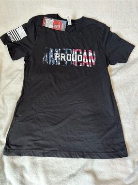 Black Graphic Tee with Distressed Stars & Stripes Text